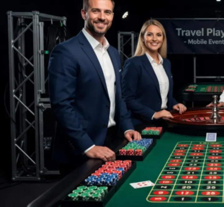 Zespół Travel Play Venue prowadzący mobilną ruletkę na evencie